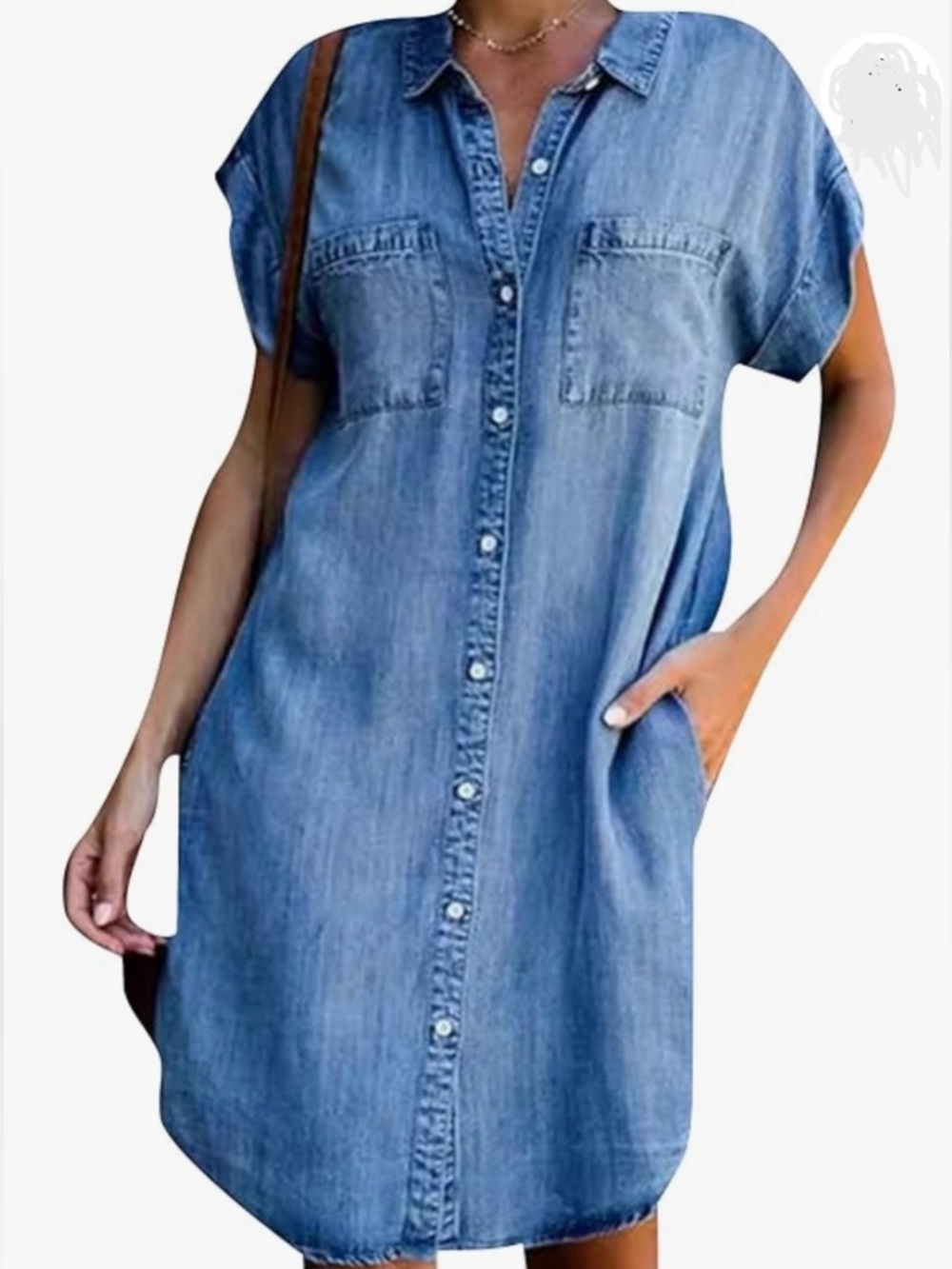 Relaxed Denim Color Button-Front Midi Dress - Blue